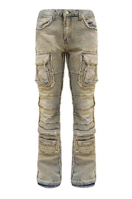 Loose fit Men's Stone Washed Distressed Cargo Stacked Flared Jeans