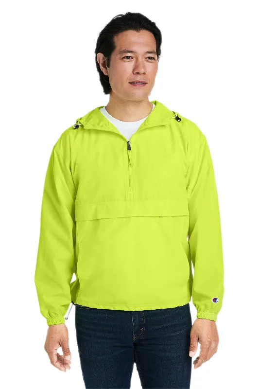 Comfy-wear Champion Mens Packable Wind & Water Resistant Anorak 1/4 Zip Hooded Jacket - Safety Green