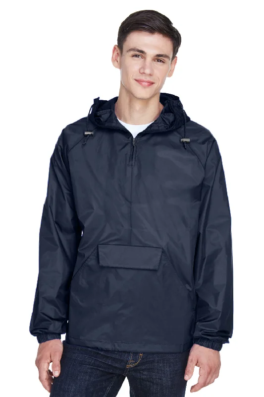 Performance-ready UltraClub Mens Pack Away Wind & Water Resistant 1/4 Zip Hooded Jacket - True Navy Blue - Closeout