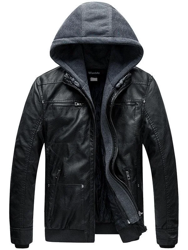 Comfortable Mens Faux Leather Jacket with Removable Hood WD