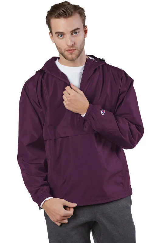 Performance-wear Champion Mens Packable Wind & Water Resistant Anorak 1/4 Zip Hooded Jacket - Maroon