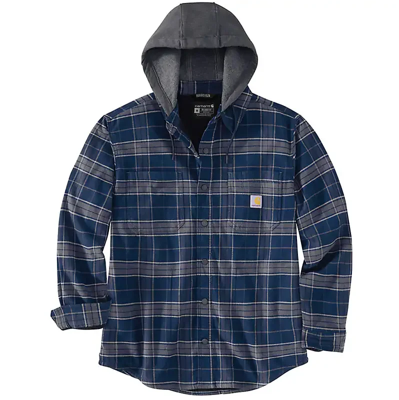 Performance-wear Rugged flex® relaxed fit flannel fleece lined hooded shirt jacket - Navy/Bluestone