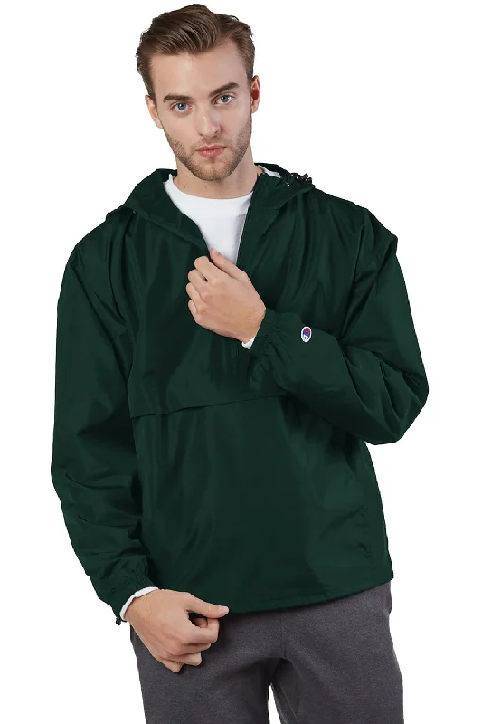 Designer Champion Mens Packable Wind & Water Resistant Anorak 1/4 Zip Hooded Jacket - Dark Green