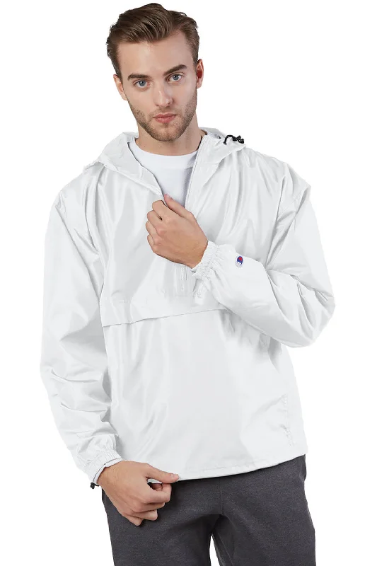 Heavy-duty Champion Mens Packable Wind & Water Resistant Anorak 1/4 Zip Hooded Jacket - White