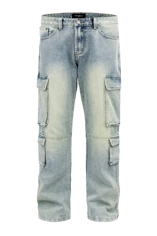 Vintage style Men's Baggy Fit Multi Cargo Pocket Jeans