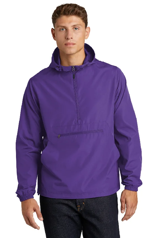 Trendy Sport-Tek Mens Wind & Water Resistant Packable Anorak 1/4 Zip Hooded Jacket - Purple