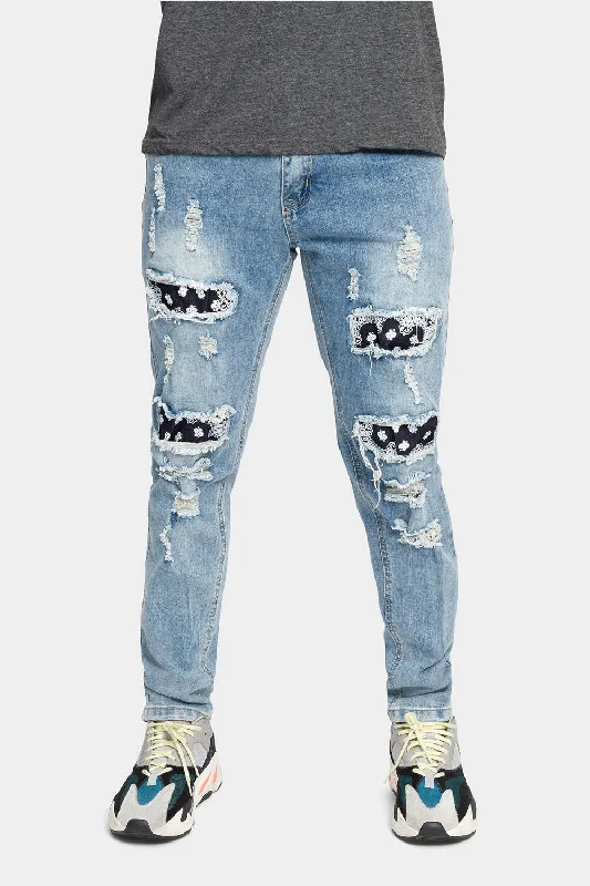 Eco-friendly pants Distressed Bandana Paisley Patched Skinny Jeans