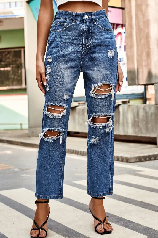 Button-front pants Distressed High Waist Straight Jeans