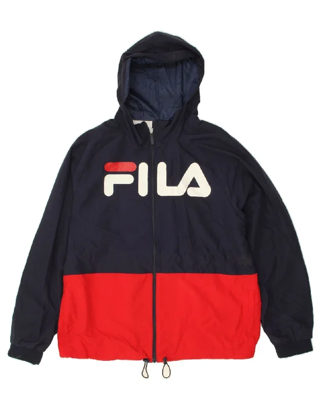 Long-line FILA Mens Graphic Hooded Rain Jacket UK 44 2XL Navy Blue Colourblock