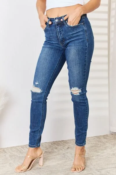 High-waisted Judy Blue Mid Waist Distressed Slim Jeans