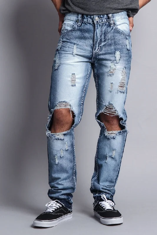 Wide-leg Distressed Knee Hole Slim Ripped Jeans