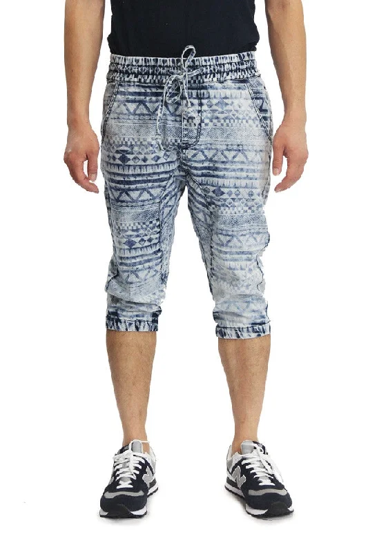 Straight leg Men's Aztec Print Denim Jogger Shorts