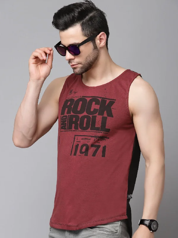 Heavy-duty Maroon Black Placement Print Cotton Sleeveless T-Shirt Vest with Curved Bottom