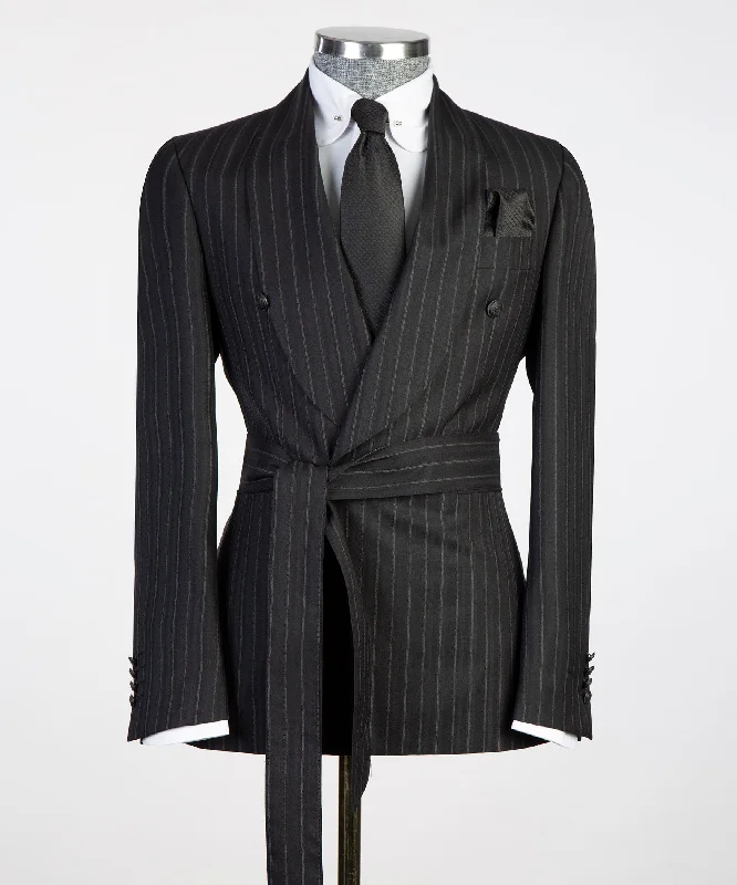 Urban Belted Black Striped Suit