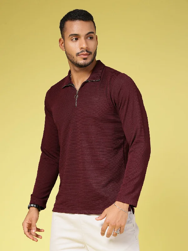 Classic-fit Solid Textured High Neck Zipper T-Shirt