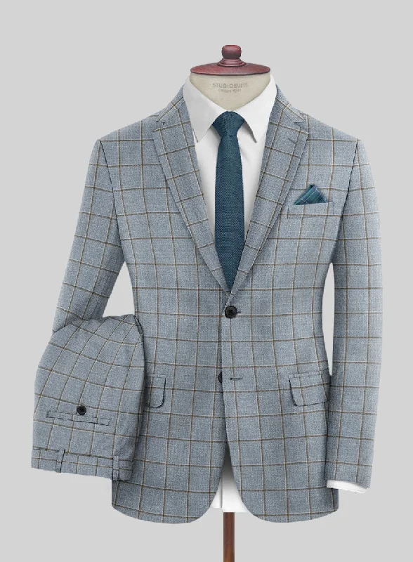 Lightweight London Loom Blue Windowpane Wool Silk Linen Suit