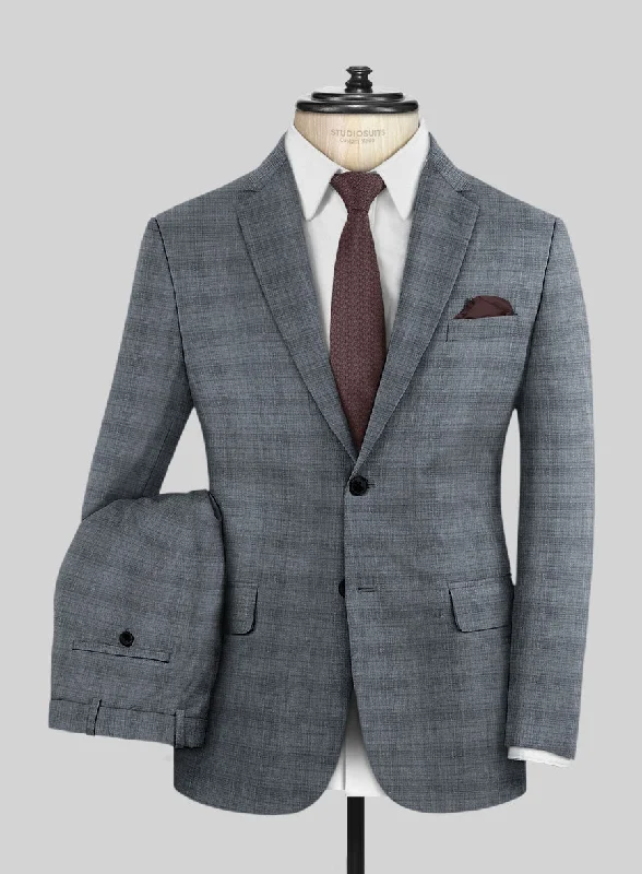 Houndstooth London Loom Blue Bruna Wool Silk Linen Suit