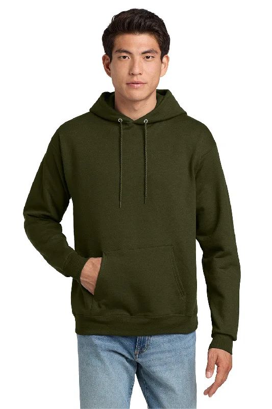 Retro-vibe Hanes Mens EcoSmart Print Pro XP Pill Resistant Hooded Sweatshirt Hoodie w/ Pouch Pocket - Fatigue Green