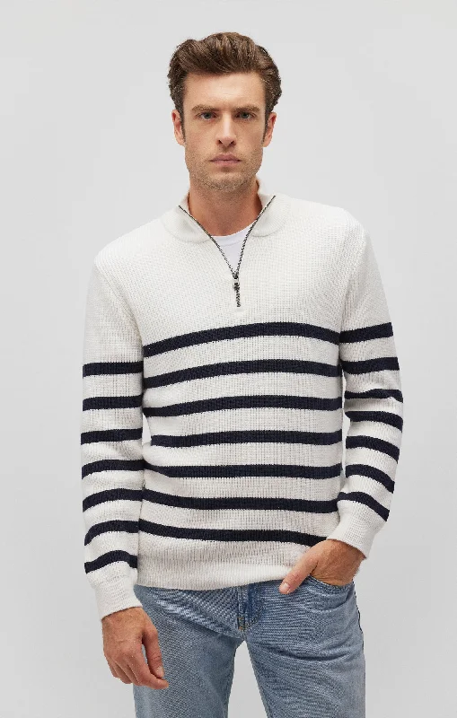 Casual STRIPED QUARTER ZIP SWEATER IN ANTIQUE WHITE