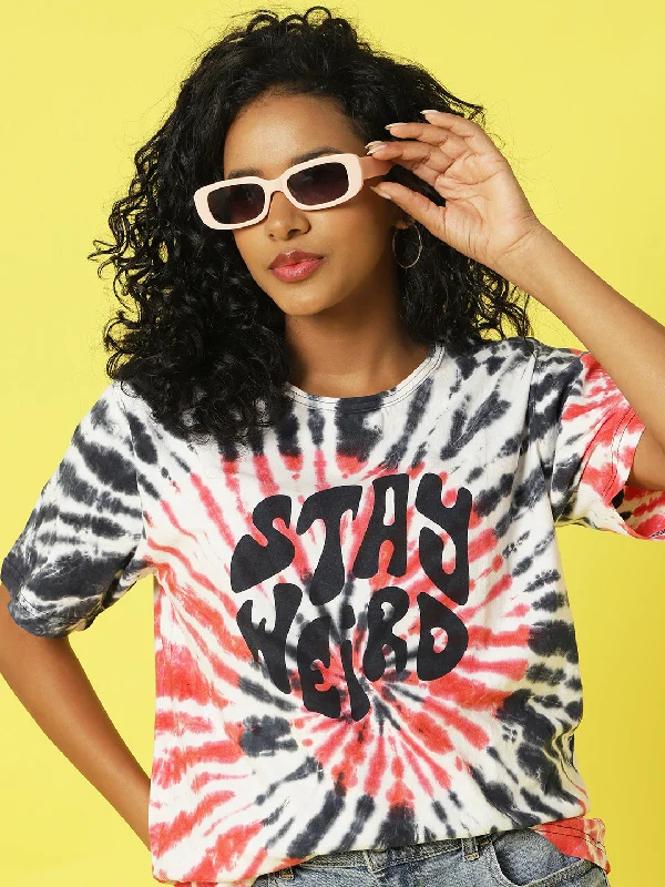 Slim Navy Red Tie & Dye Typographic Printed Oversized T-Shirt