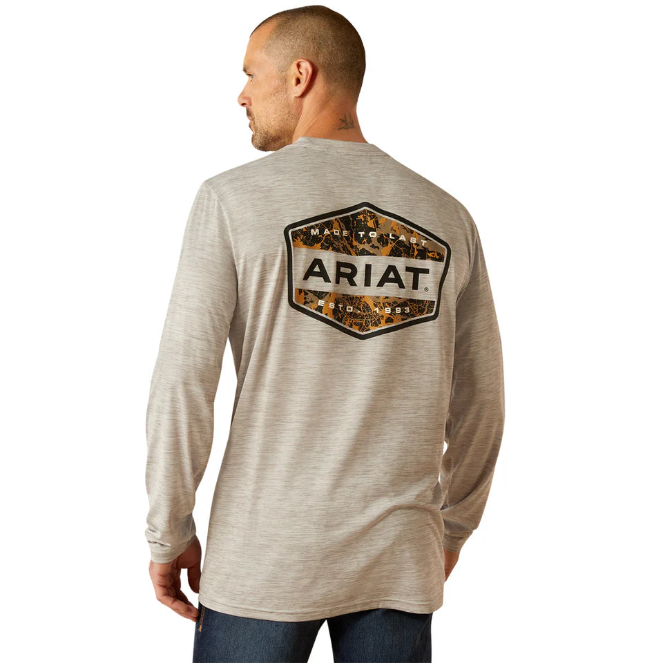 Designer Ariat Men's L/S Charger Muddy Shield T-Shirt in Light Grey Heather