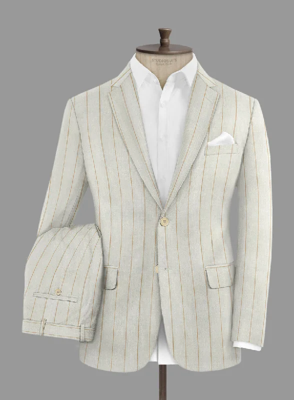 Designer London Loom Light Gray Stripe Wool Silk Linen Suit