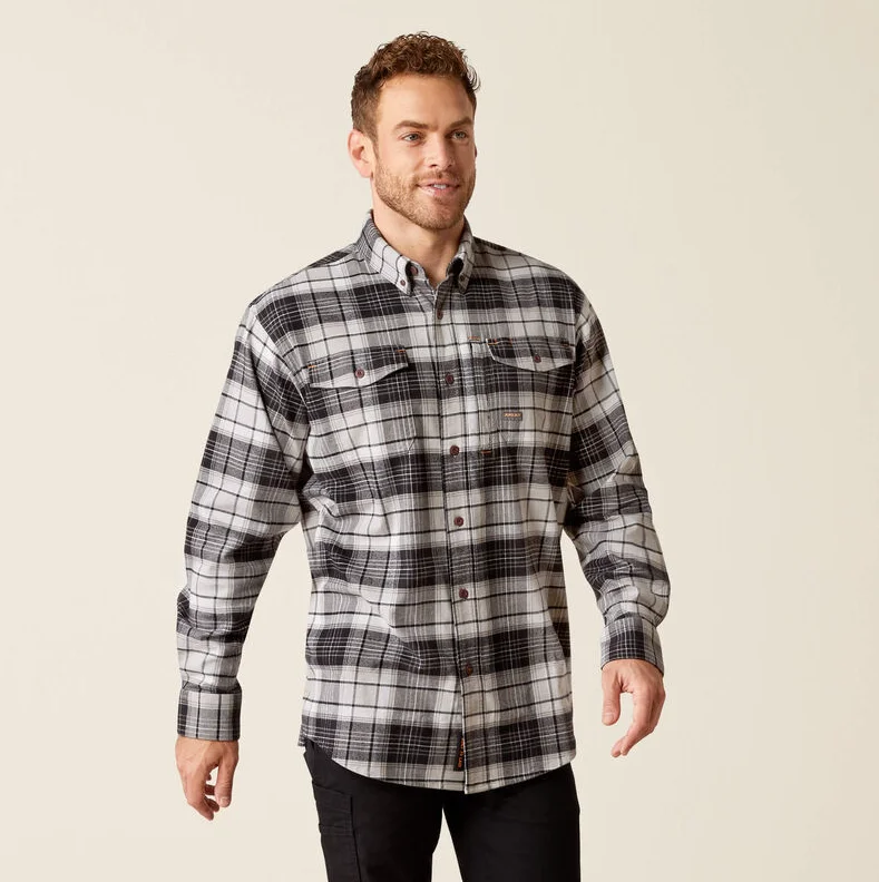 Vintage shirt   Ariat Men's Rebar Charcoal Plaid Flannel DuraStretch Button Long Sleeve Work Shirt 10051973