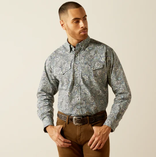 Mock neck shirt Ariat Men's Rocky Khaki Paisley Print Classic Fit Snap Long Sleeve Western Shirt 10052620