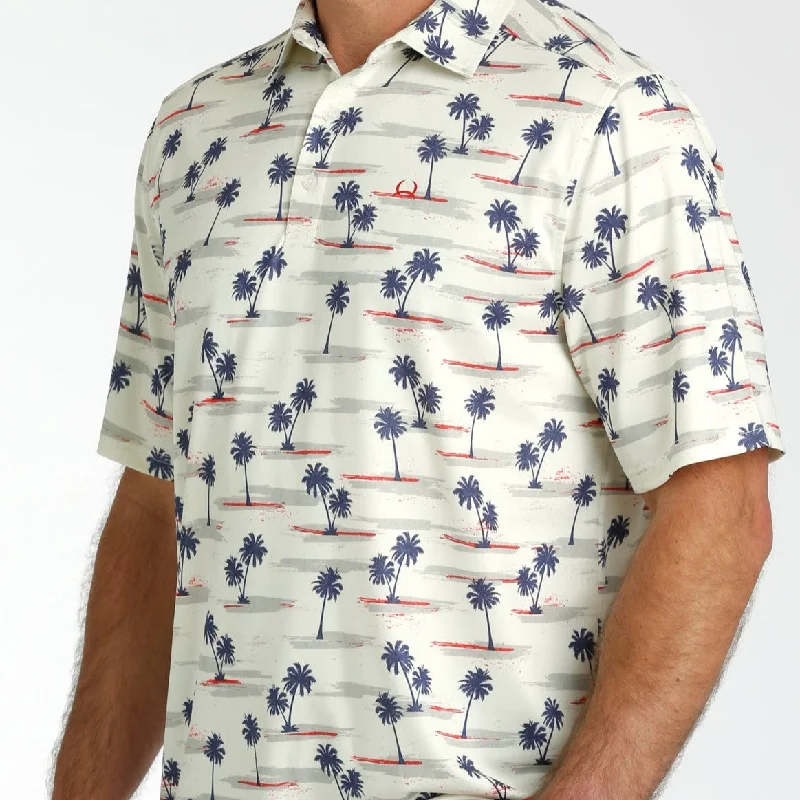 Cold-shoulder shirt Cinch Men's Arenaflex Short Sleeve Palm Tree Polo in Cream