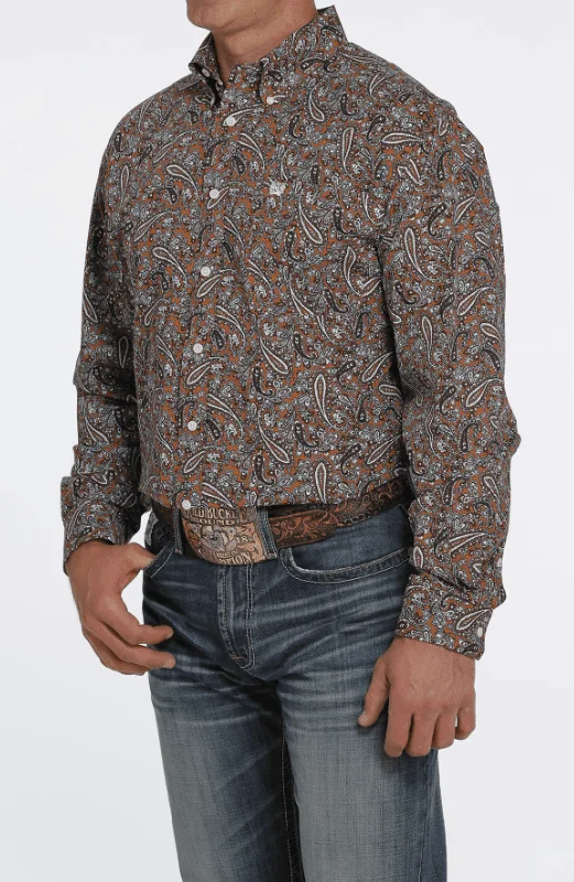 Casual button-up Cinch Men's Brown Paisley Print Button Long Sleeve Western Shirt MTW1105453