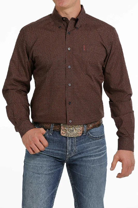 Casual button-up Cinch Men's Brown Geo Print Button Long Sleeve Western Shirt MTW1347033