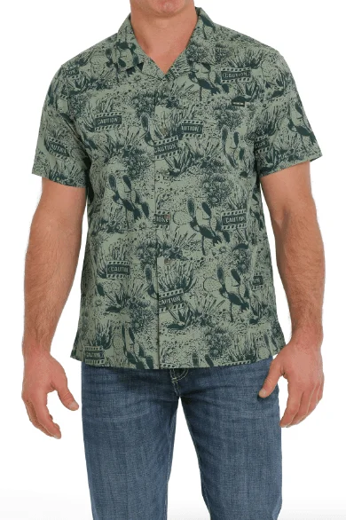 Short sleeve Cinch Men's Green Caution Cactus Print Short Sleeve Camp Shirt MTW1401026