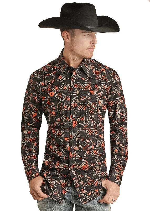 Plaid shirt Rock & Roll Cowboy Men's Black & Peach Aztec Print Snap Up Western Shirt RRMSOSR08S