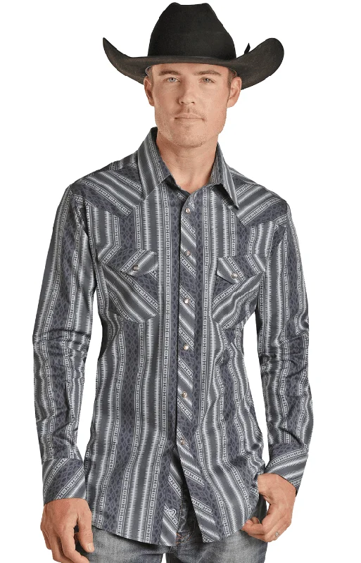 Boho shirt Rock & Roll Cowboy Men's Blue Aztec Stripe Print Snap Up Long Sleeve Western Shirt RRMSOSR08V