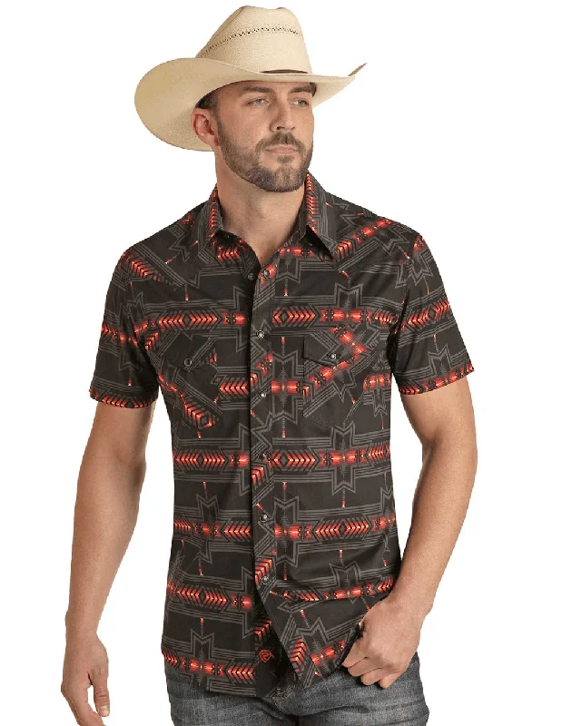 Boho shirt Rock & Roll Cowboy Men's Black & Aztec Short Sleeve Shirt RRMS1SR0Q5