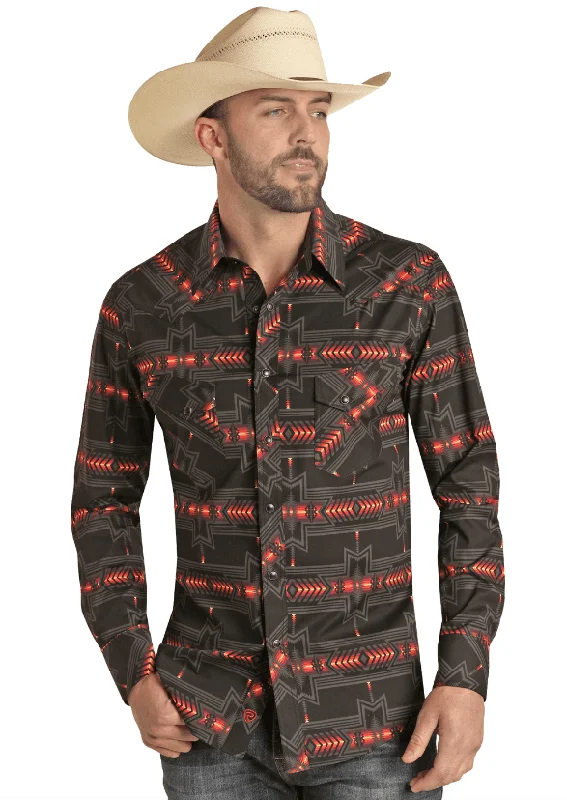 Peasant shirt Rock & Roll Cowboy Men's Black Aztec Print Long Sleeve Snap Shirt RRMSOSR0Q5