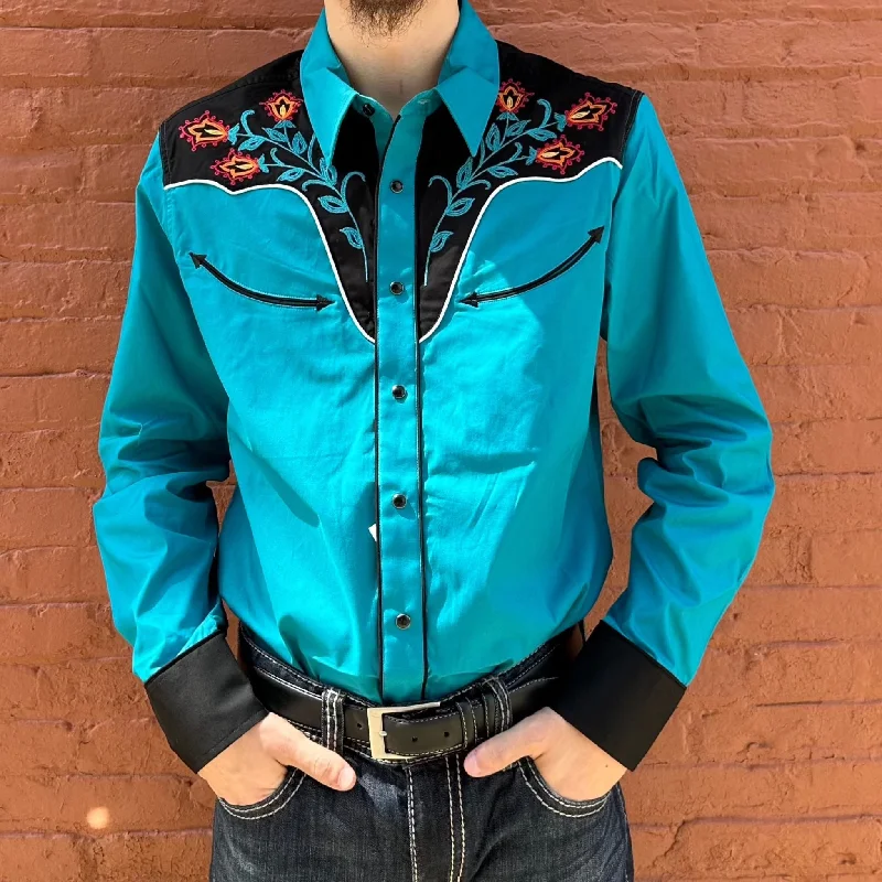 Preppy shirt Rock & Roll Cowboy Men's Teal and Black Embroidered Modern Fit Long Sleeve Shirt RRMSOSR0XY