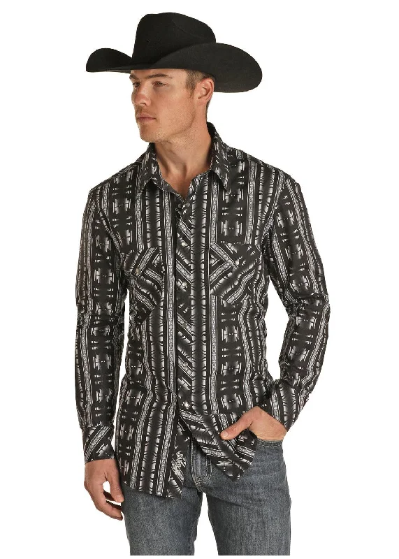 Checkered shirt Rock & Roll Cowboy Men's Black & Grey Aztec Snap Up Western Shirt B2S1315