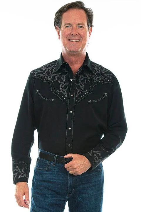 Dress shirt Scully Men's Black Longhorn Yoke Embroidered Western Snap Up Shirt P-912