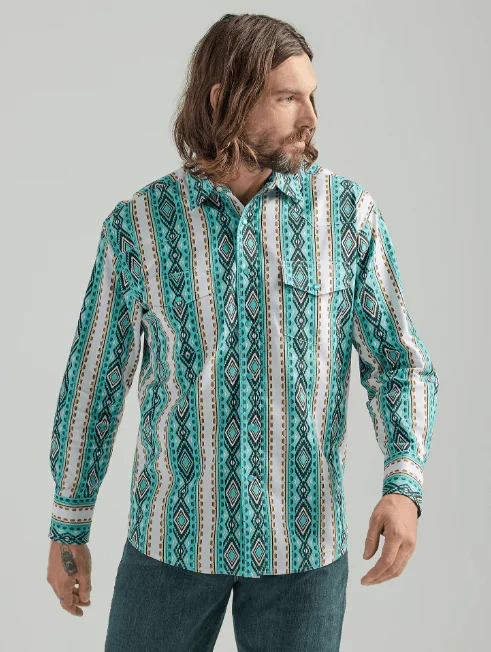 Peasant shirt Wrangler Men's Checotah Long Sleeve Turquoise Print Western Snap Shirt 112324790