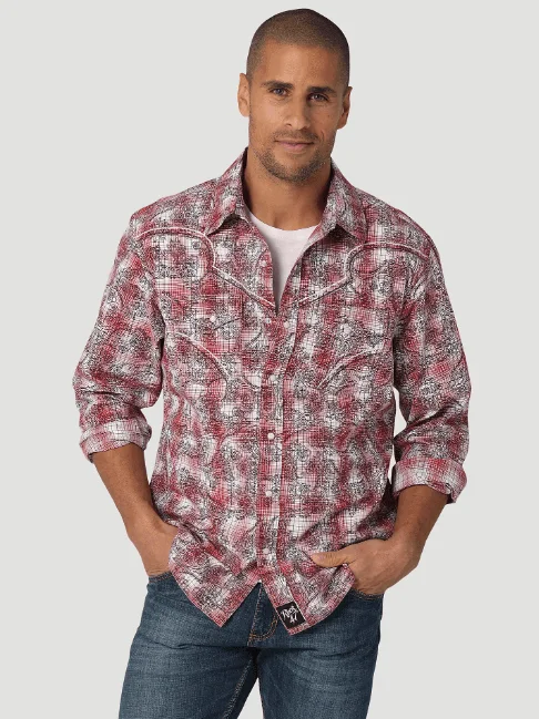 Solid shirt Wrangler Men's ROCK 47 Red Plaid Long Sleeve Western Snap Shirt 112324828