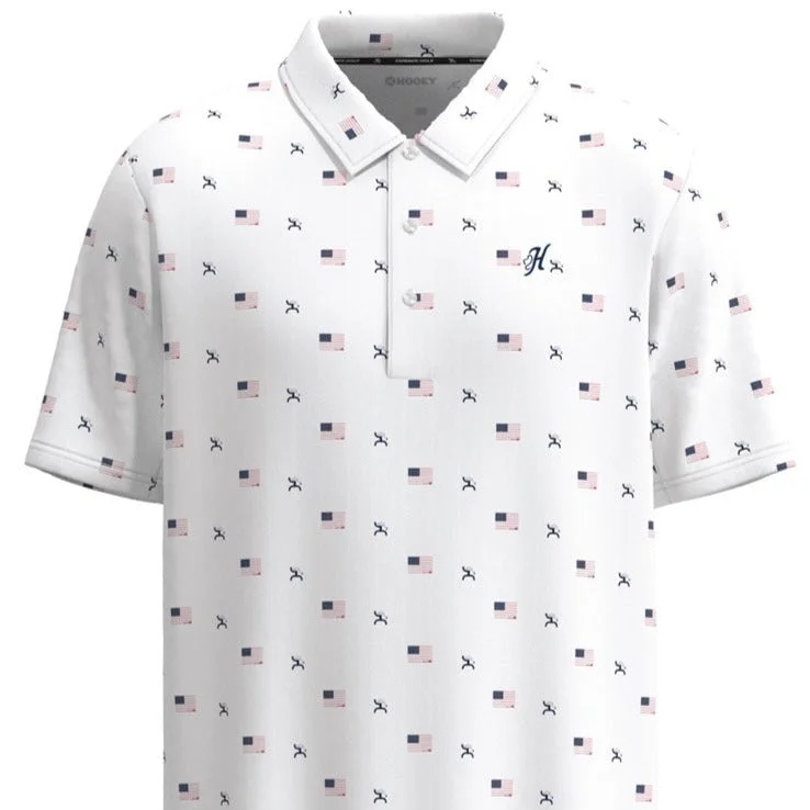 Mock neck shirt Hooey Men's "The Weekender" Short Sleeve Logo & Flag Print Polo in White