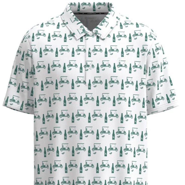 Silk shirt Hooey Men's "The Weekender" Short Sleeve Golf Cart & Drink Print Polo in White