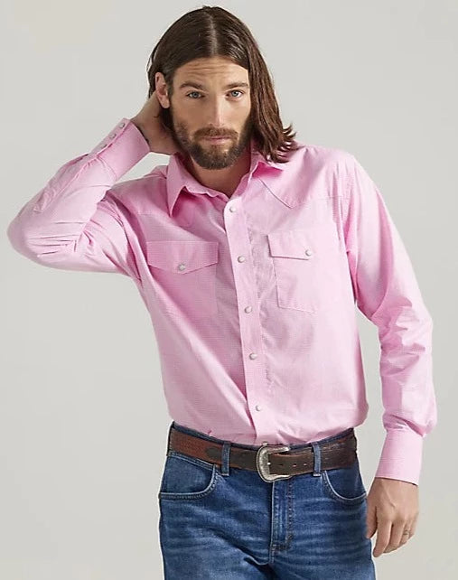 Faded shirt Men's Wrangler Bucking Cancer Snap Shirt in Fuschia Pink