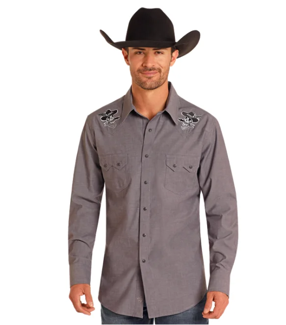 Short sleeve Rock & Roll Cowboy Men's Dark Grey Western Skull Embroidered Slim Fit Long Sleeve Shirt BMN2S04715