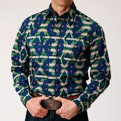 Cold-shoulder shirt Roper Men's Navy Aztec Print Pearl Snap Long Sleeve Shirt