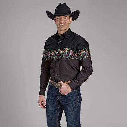 V-neck shirt Roper Vintage Men's L/S Scribble Bullriders Border Print Western Snap Shirt in Black