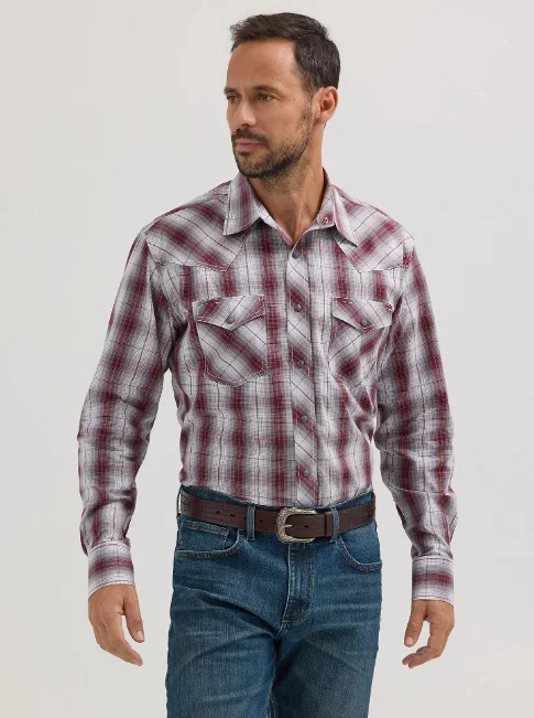 Relaxed shirt Wrangler Men's 20X® Competition Advanced Comfort Gray Wine Long Sleeve Snap Western Shirt 112356576