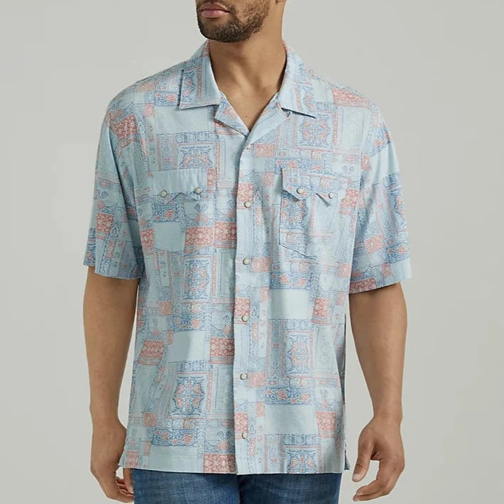 Modern shirt Wrangler Men's Coconut Cowboy Snap Front Camp Shirt in Blue Bandana