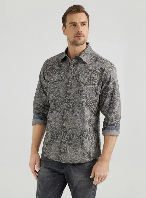 Vintage shirt   Wrangler Retro Premium Men's Damask Gray Print Long Sleeve Western Snap Shirt 1123556589